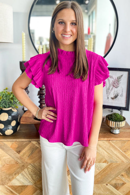 Rose Red Solid Color Textured Ruffle Trim Short Sleeve Blouse