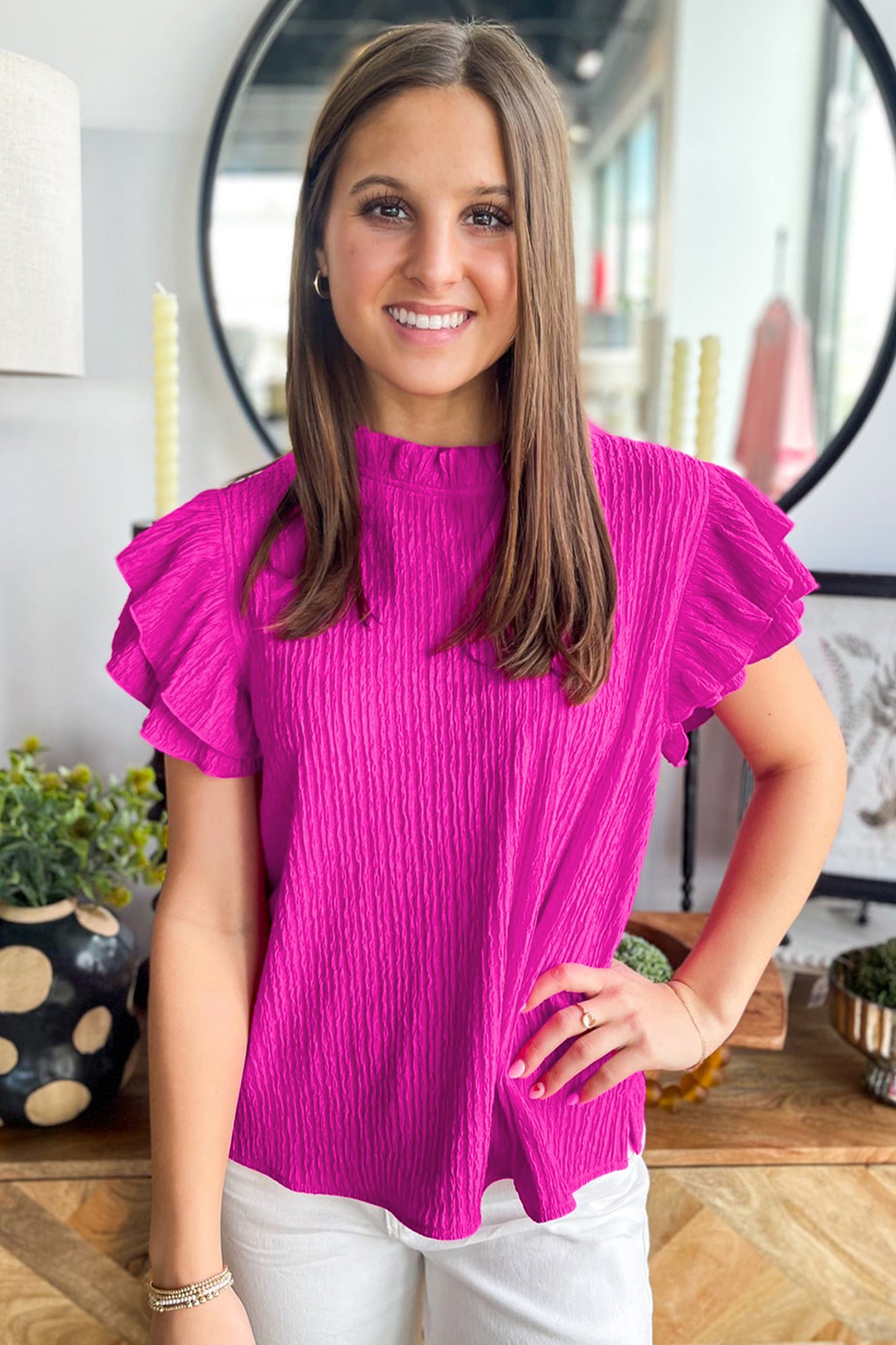 Rose Red Solid Color Textured Ruffle Trim Short Sleeve Blouse
