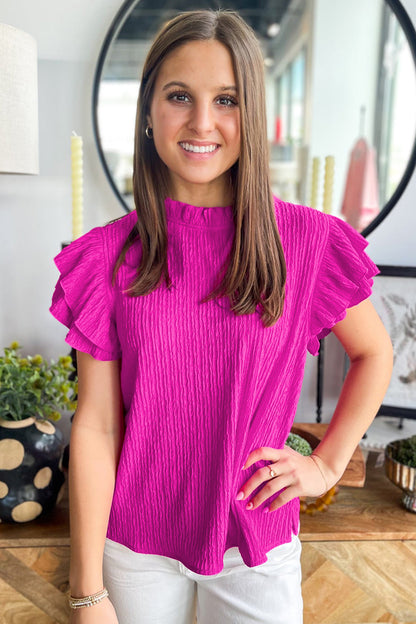 Rose Red Solid Color Textured Ruffle Trim Short Sleeve Blouse