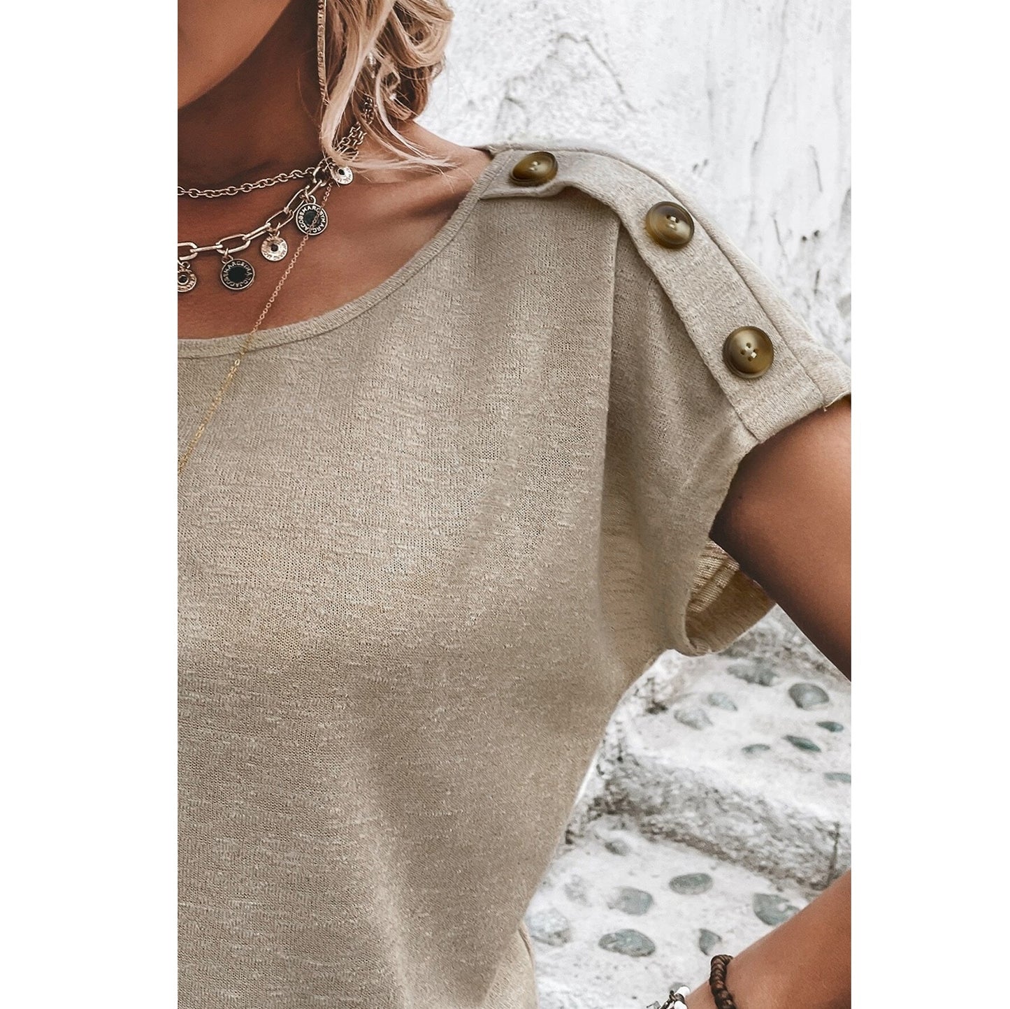 Smoke Gray Button Detail Batwing Sleeve Casual Tee