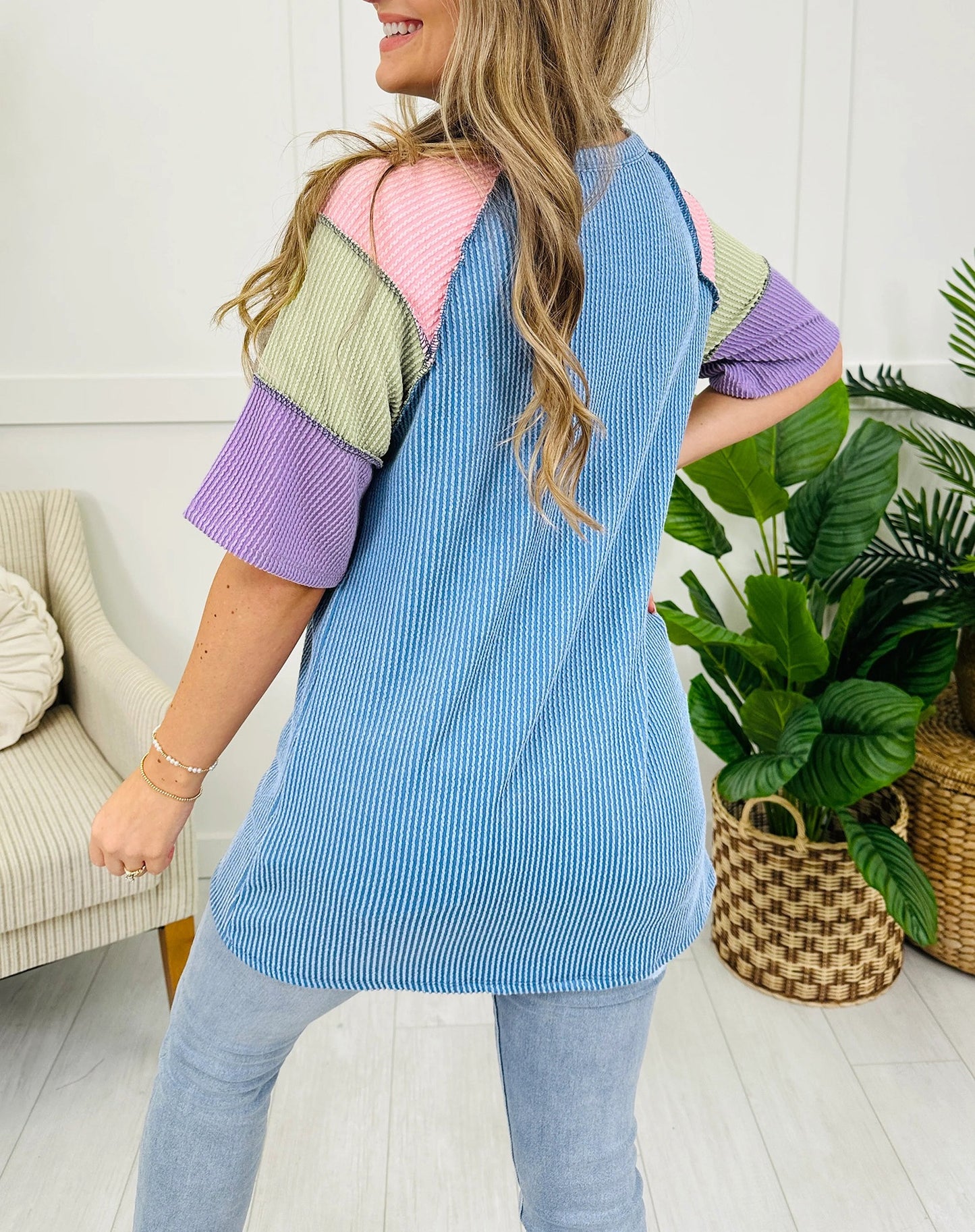 Blue Twisted Ribbed Color Block Patchwork Henley Short Sleeve T Shirt