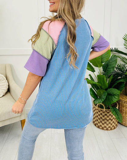 Blue Twisted Ribbed Color Block Patchwork Henley Short Sleeve T Shirt