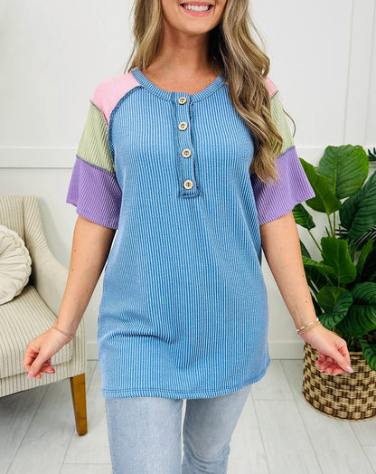 Blue Twisted Ribbed Color Block Patchwork Henley Short Sleeve T Shirt