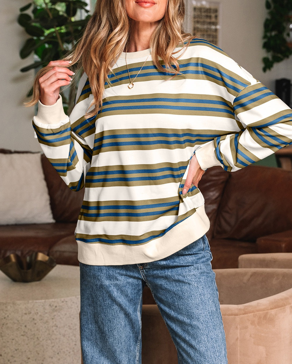 Khaki Stripe Crew Neck Drop Shoulder Pullover Sweatshirt