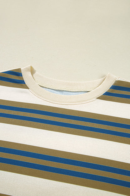 Khaki Stripe Crew Neck Drop Shoulder Pullover Sweatshirt