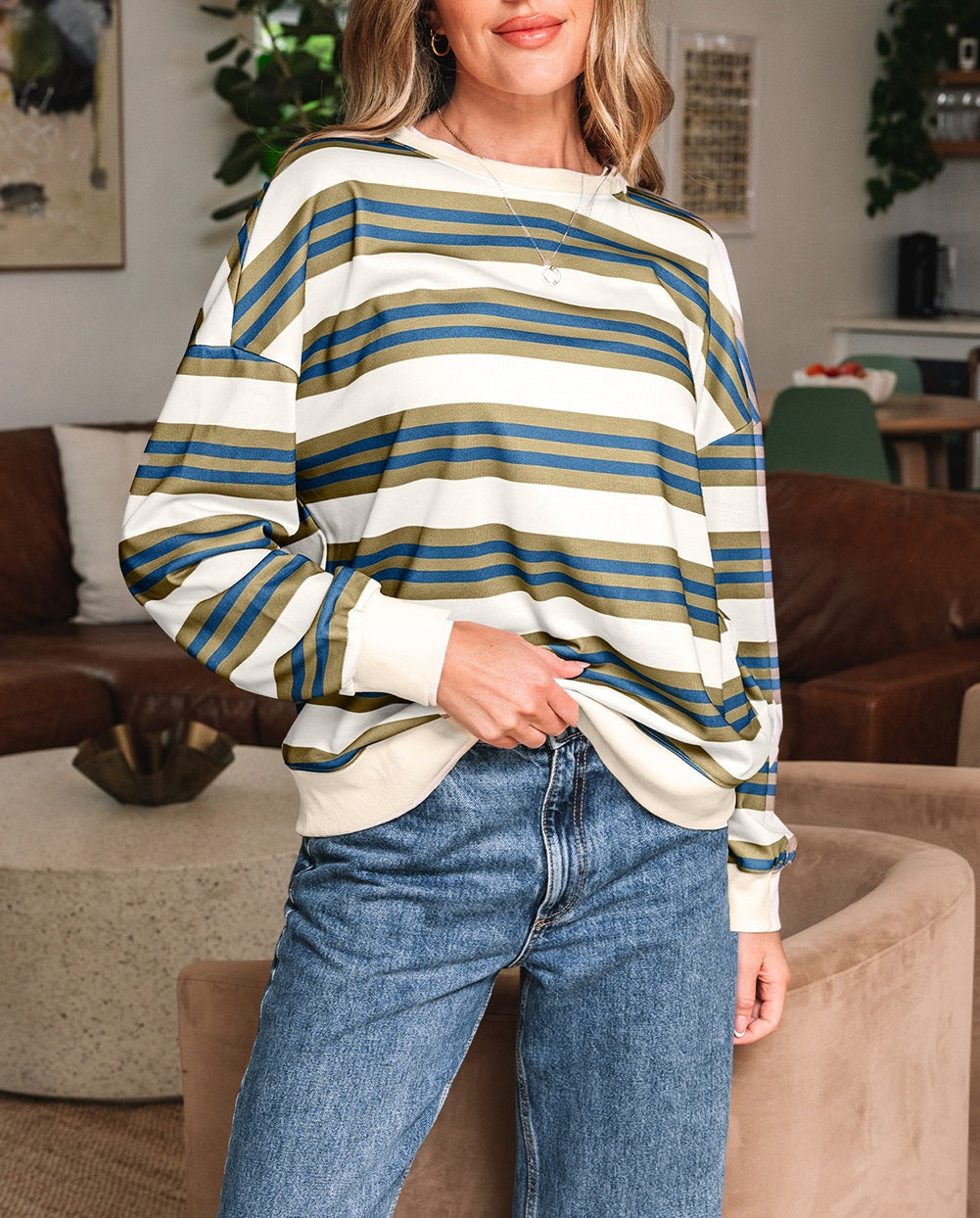 Khaki Stripe Crew Neck Drop Shoulder Pullover Sweatshirt