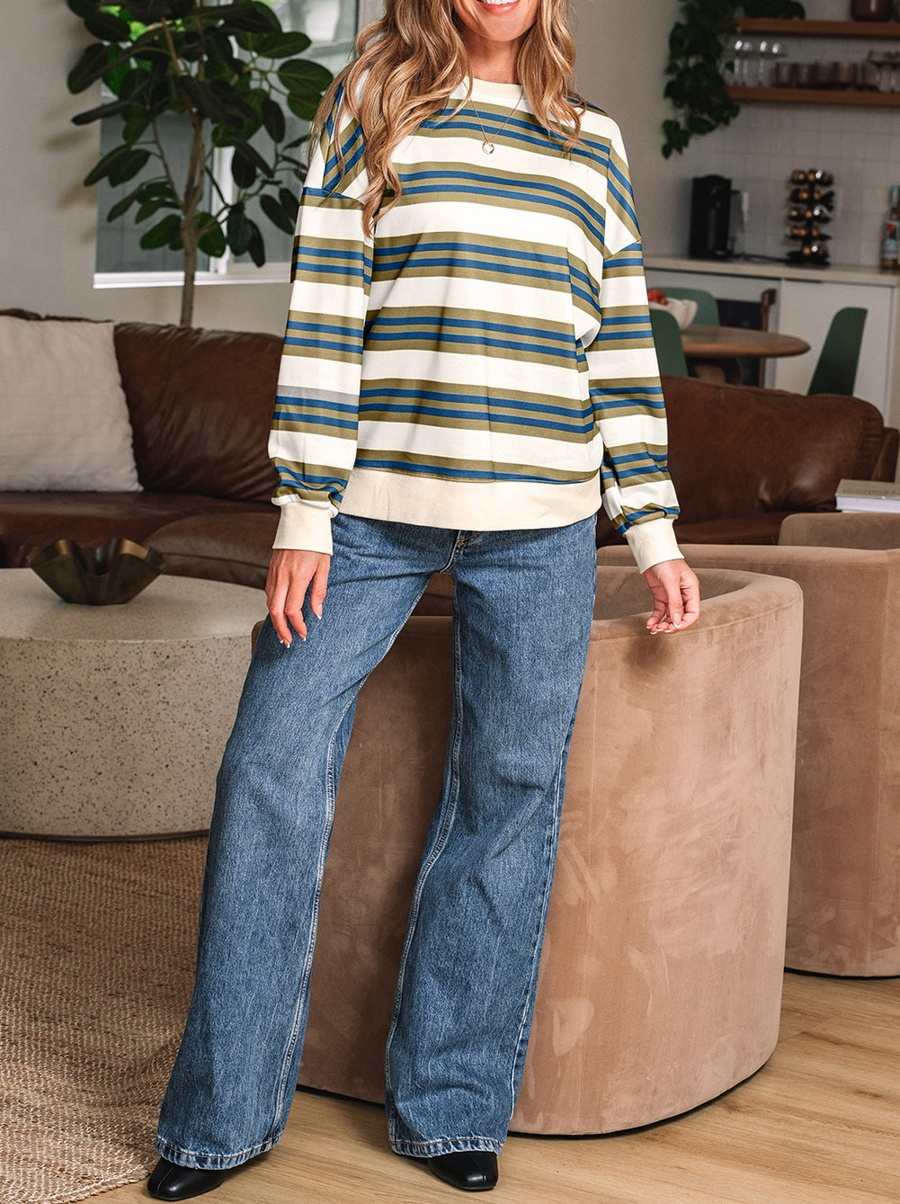 Khaki Stripe Crew Neck Drop Shoulder Pullover Sweatshirt