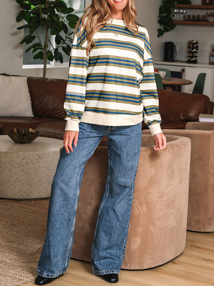 Khaki Stripe Crew Neck Drop Shoulder Pullover Sweatshirt