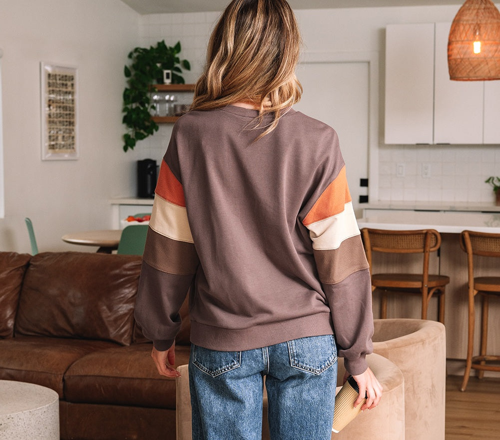 Dark Khaki Color Block Drop Shoulder Pullover Casual Sweatshirt