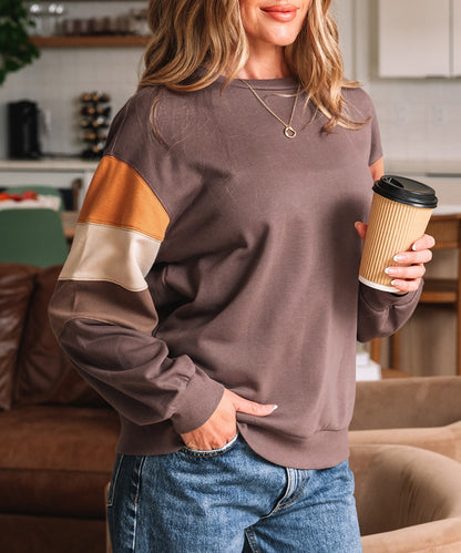 Dark Khaki Color Block Drop Shoulder Pullover Casual Sweatshirt
