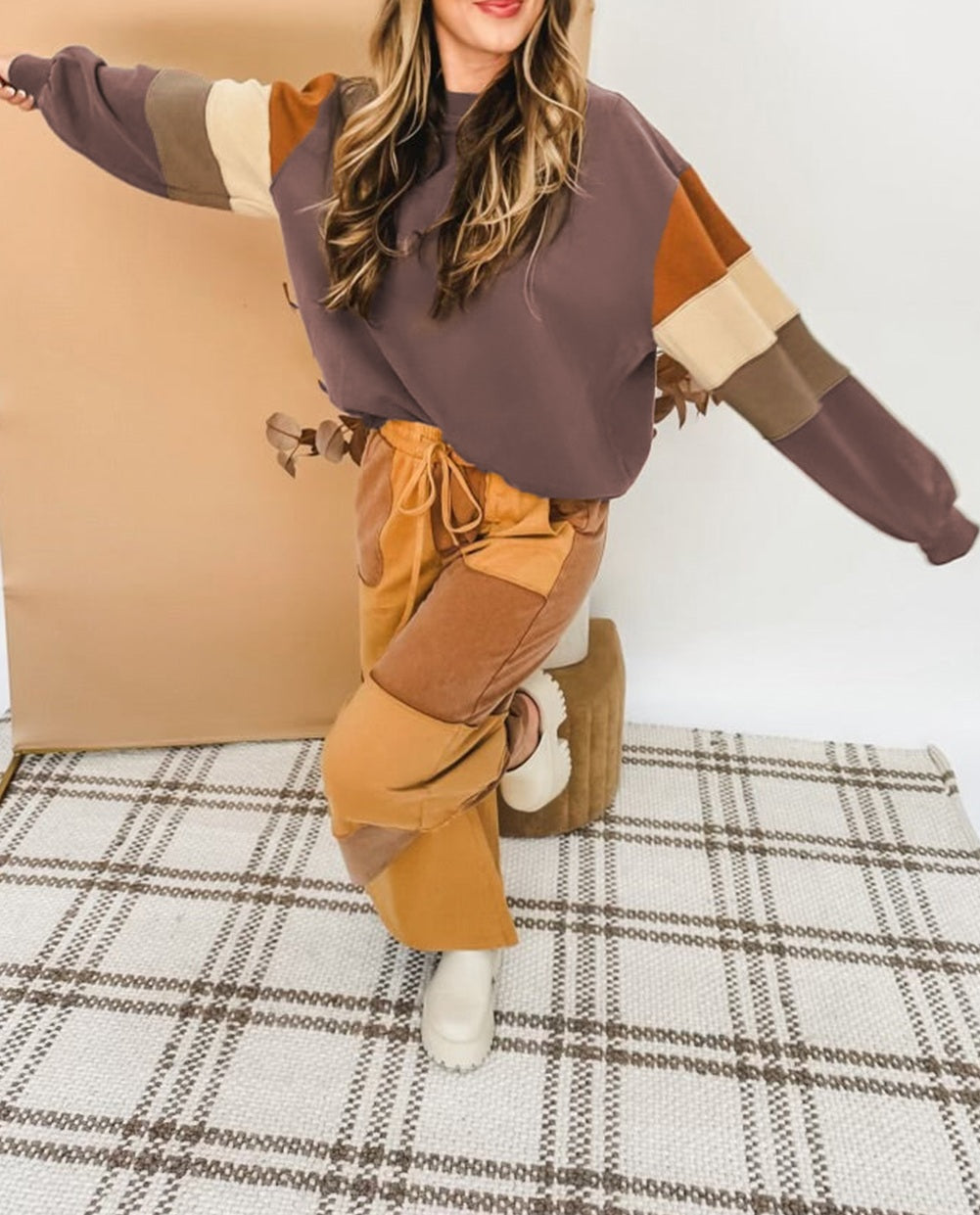 Dark Khaki Color Block Drop Shoulder Pullover Casual Sweatshirt