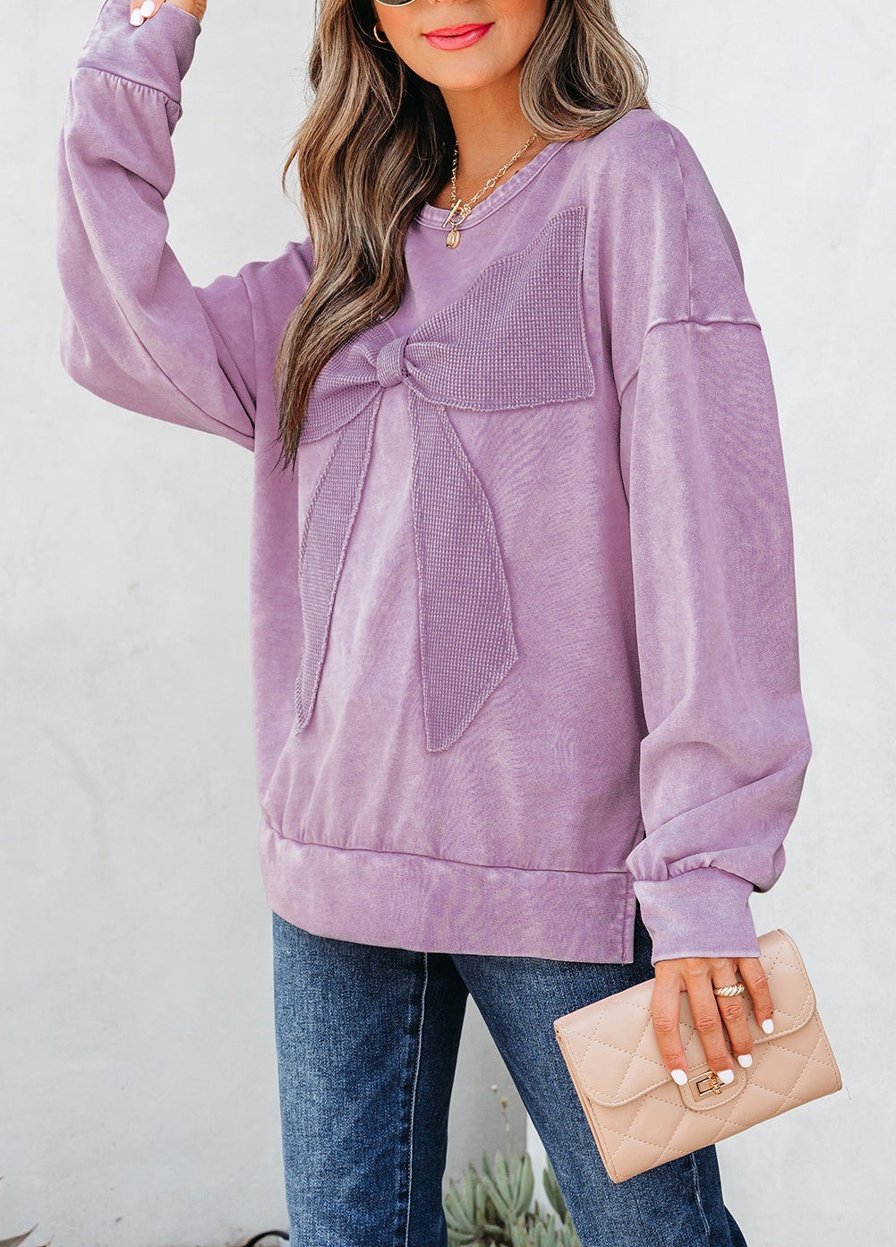 Orchid Bouquet Mineral Wash Big Bow Patchwork Pullover Sweatshirt