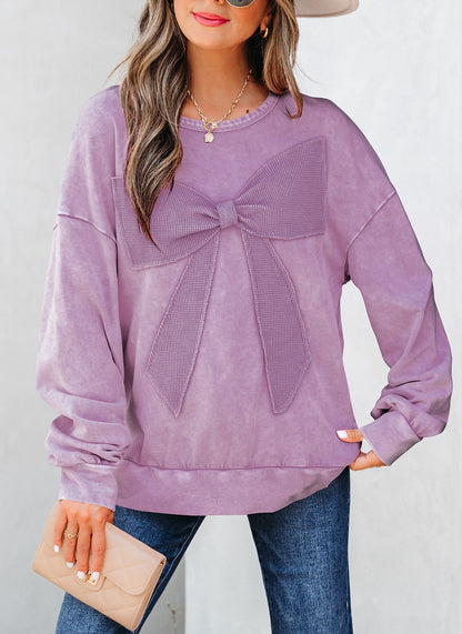 Orchid Bouquet Mineral Wash Big Bow Patchwork Pullover Sweatshirt