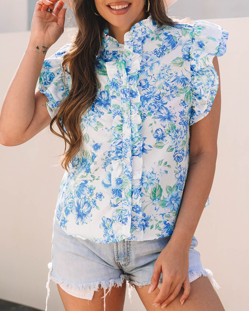 Sky Blue Floral Print Ruffle Sleeve Frilly Button Up Shirt