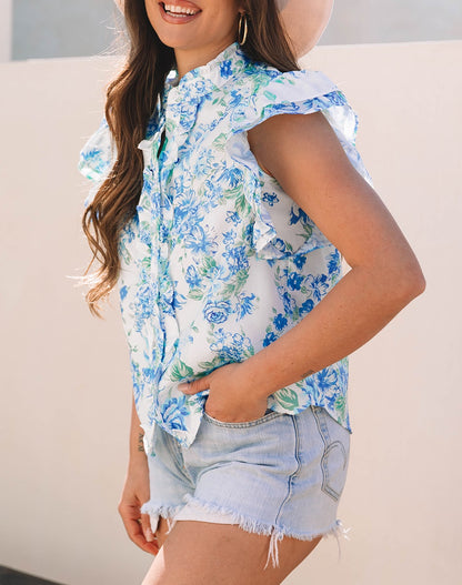 Sky Blue Floral Print Ruffle Sleeve Frilly Button Up Shirt