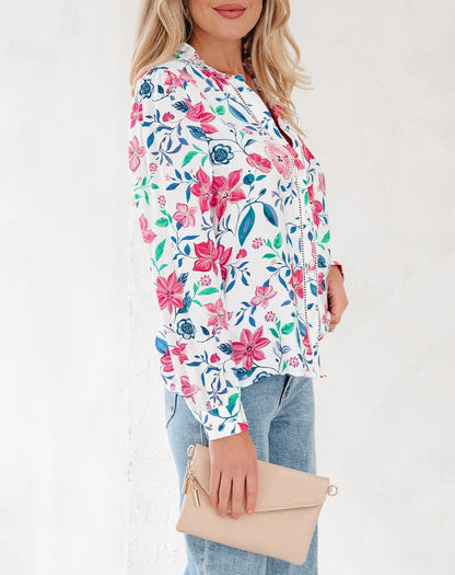 Pink Floral Print Lace Detail Button-up Long Sleeve Shirt
