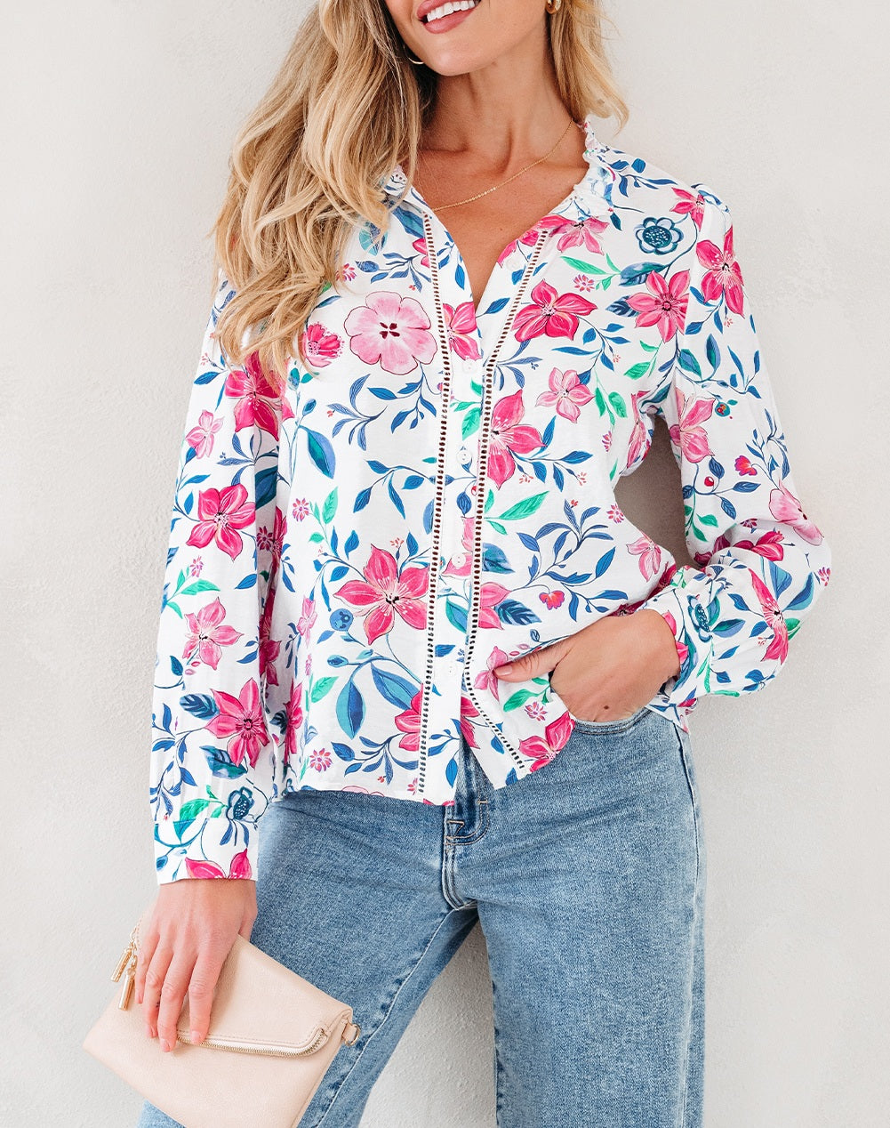 Pink Floral Print Lace Detail Button-up Long Sleeve Shirt