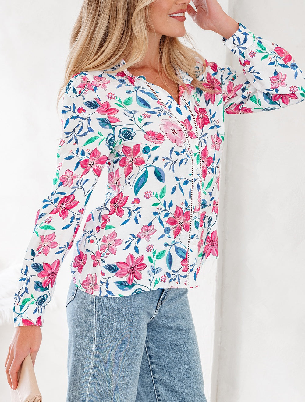 Pink Floral Print Lace Detail Button-up Long Sleeve Shirt