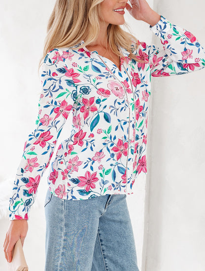 Pink Floral Print Lace Detail Button-up Long Sleeve Shirt