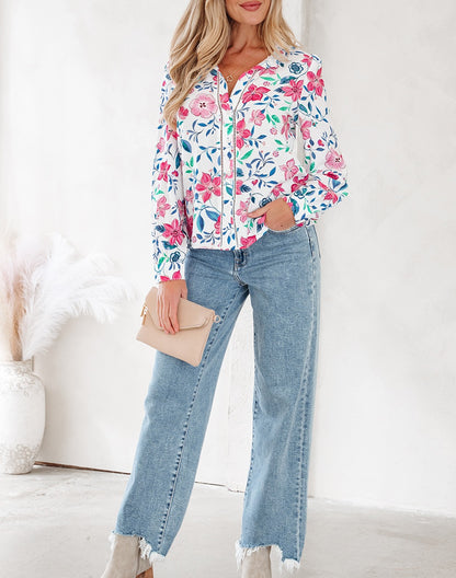 Pink Floral Print Lace Detail Button-up Long Sleeve Shirt