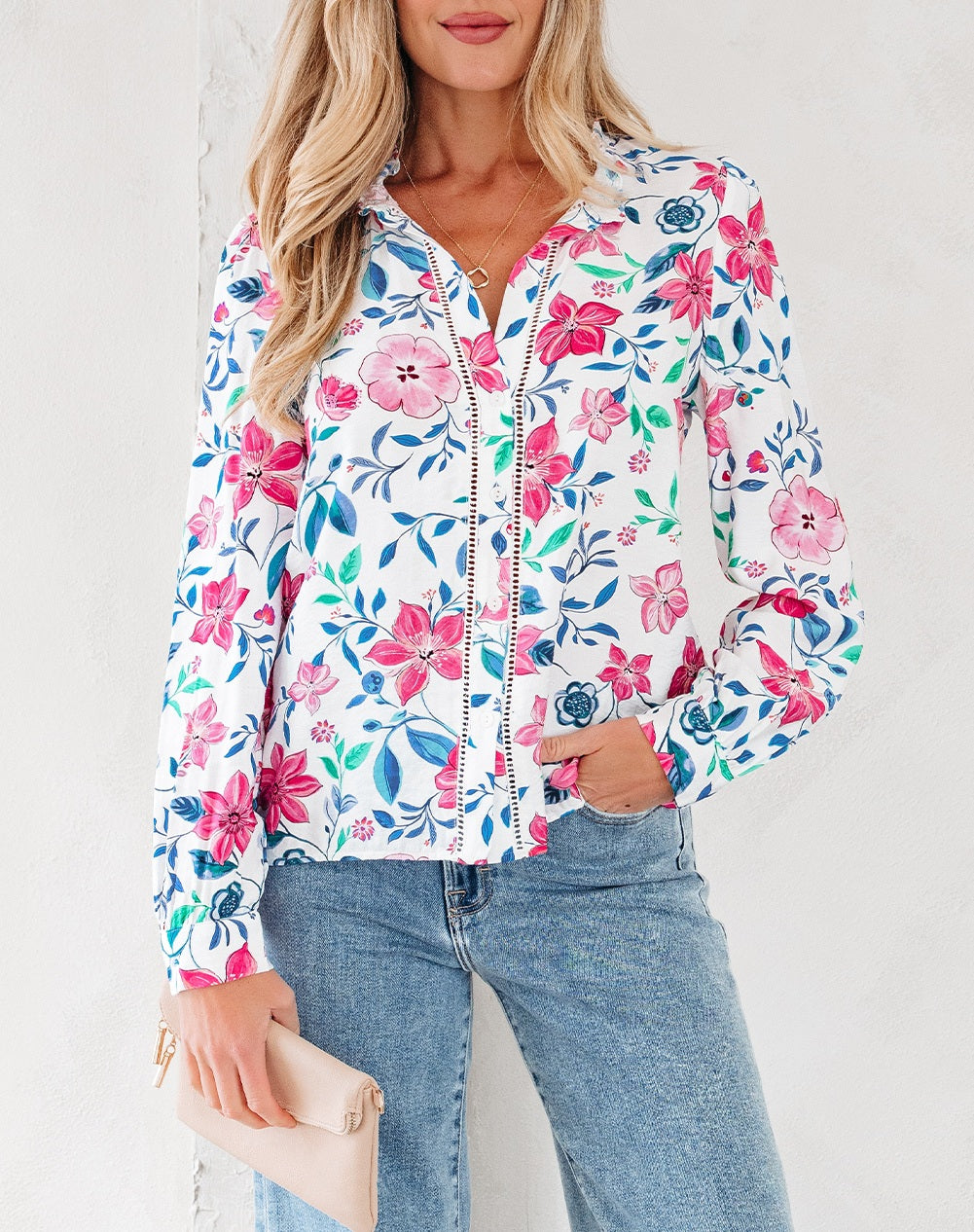 Pink Floral Print Lace Detail Button-up Long Sleeve Shirt