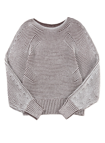 Coffee Striped Print Ribbed Knit Boat Neck Baggy Sweater