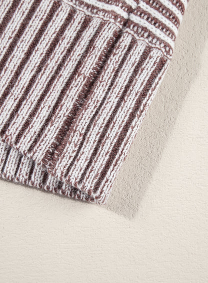 Coffee Striped Print Ribbed Knit Boat Neck Baggy Sweater