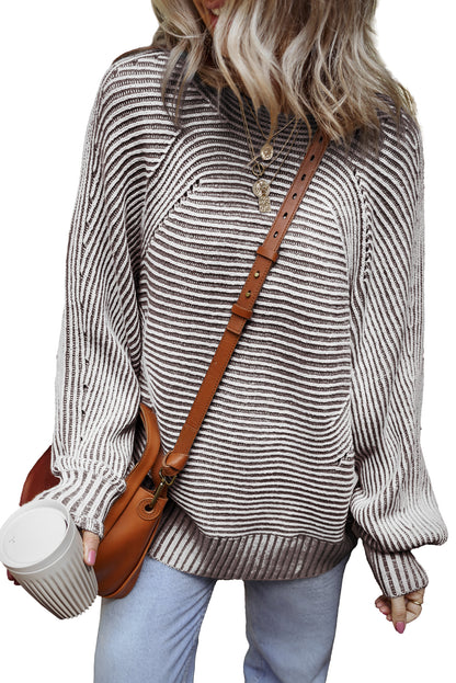 Coffee Striped Print Ribbed Knit Boat Neck Baggy Sweater