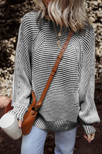 Black Striped Print Ribbed Knit Boat Neck Baggy Sweater