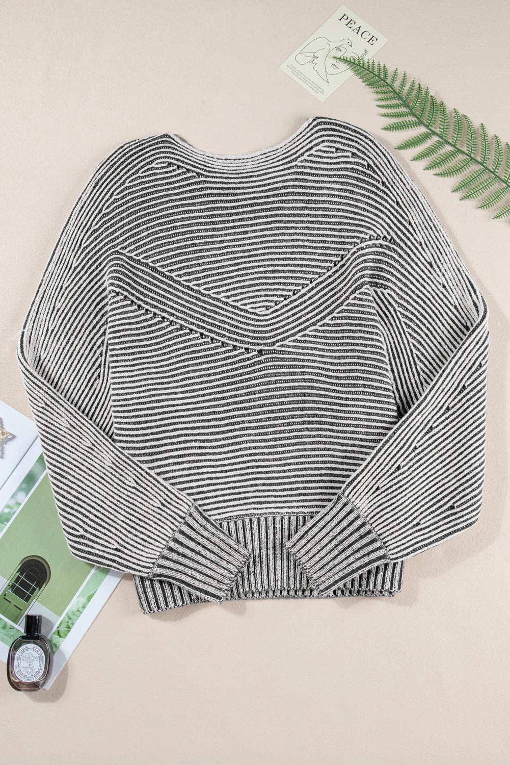 Black Striped Print Ribbed Knit Boat Neck Baggy Sweater