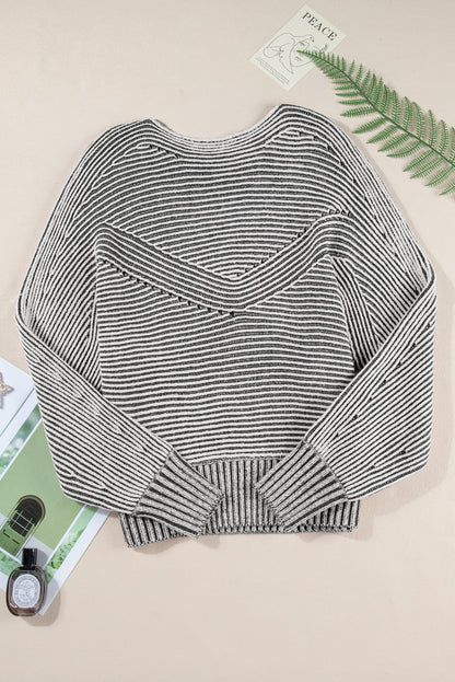 Black Striped Print Ribbed Knit Boat Neck Baggy Sweater