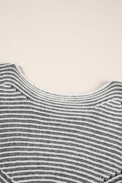 Black Striped Print Ribbed Knit Boat Neck Baggy Sweater