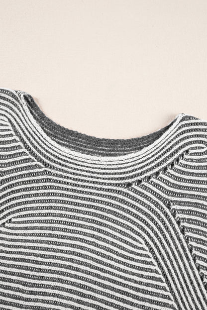 Black Striped Print Ribbed Knit Boat Neck Baggy Sweater