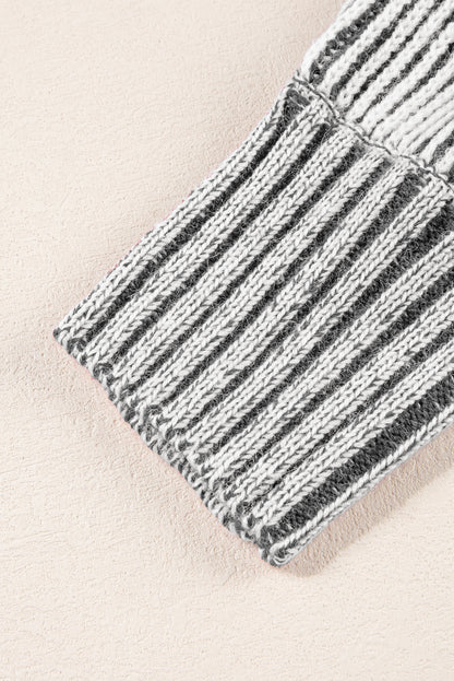 Black Striped Print Ribbed Knit Boat Neck Baggy Sweater