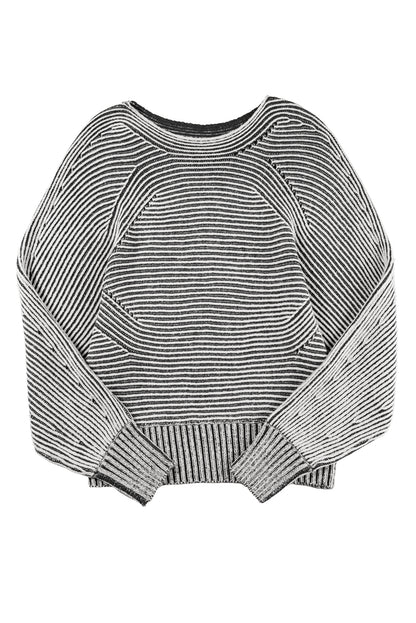 Black Striped Print Ribbed Knit Boat Neck Baggy Sweater