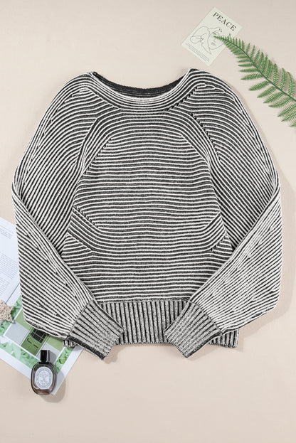 Black Striped Print Ribbed Knit Boat Neck Baggy Sweater