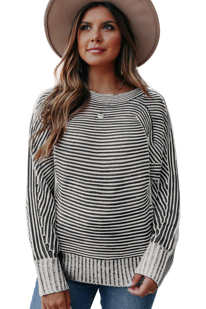 Black Striped Print Ribbed Knit Boat Neck Baggy Sweater