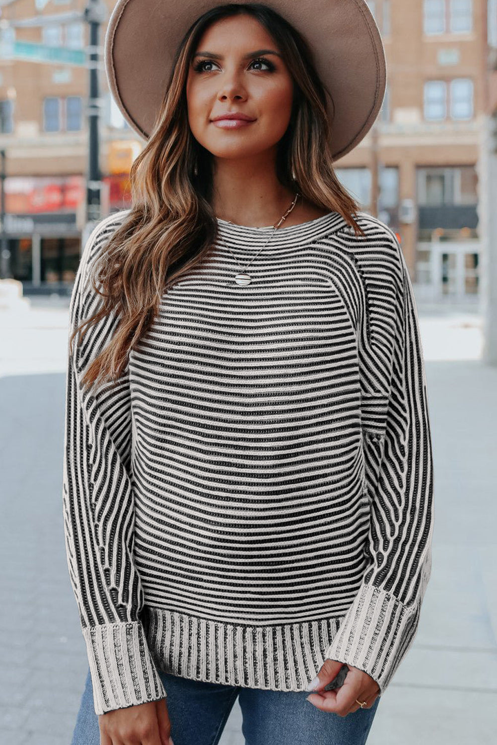 Black Striped Print Ribbed Knit Boat Neck Baggy Sweater