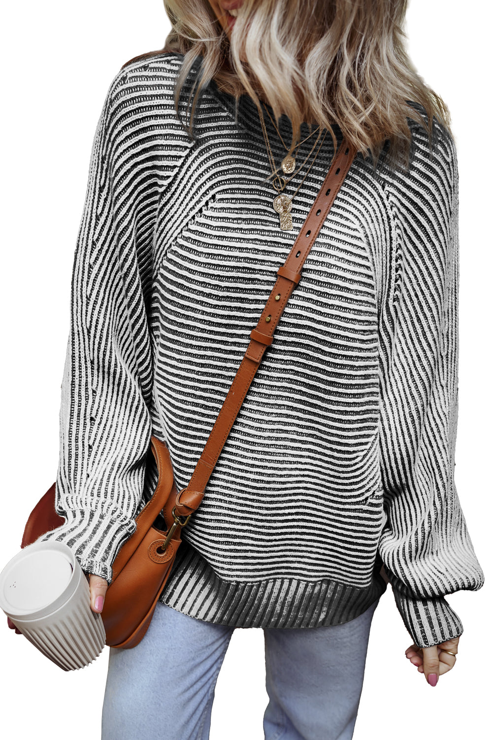 Black Striped Print Ribbed Knit Boat Neck Baggy Sweater