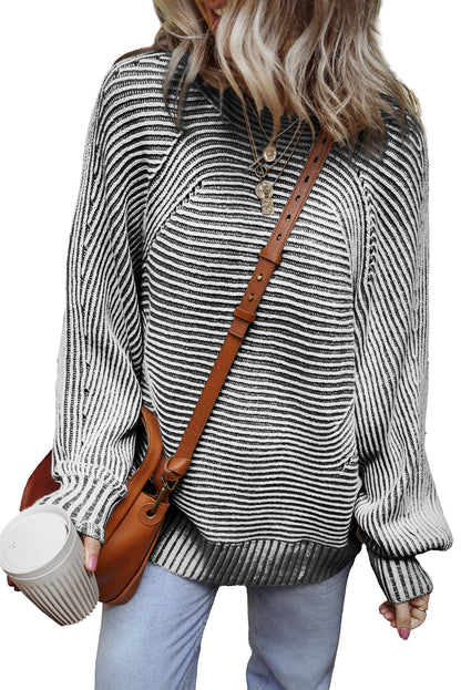 Black Striped Print Ribbed Knit Boat Neck Baggy Sweater