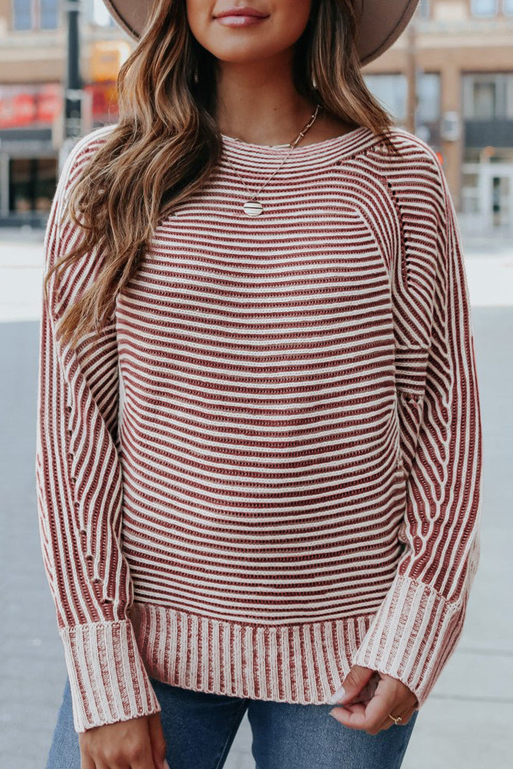 Red Dahlia Striped Print Ribbed Knit Boat Neck Baggy Sweater