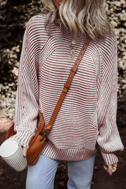 Red Dahlia Striped Print Ribbed Knit Boat Neck Baggy Sweater