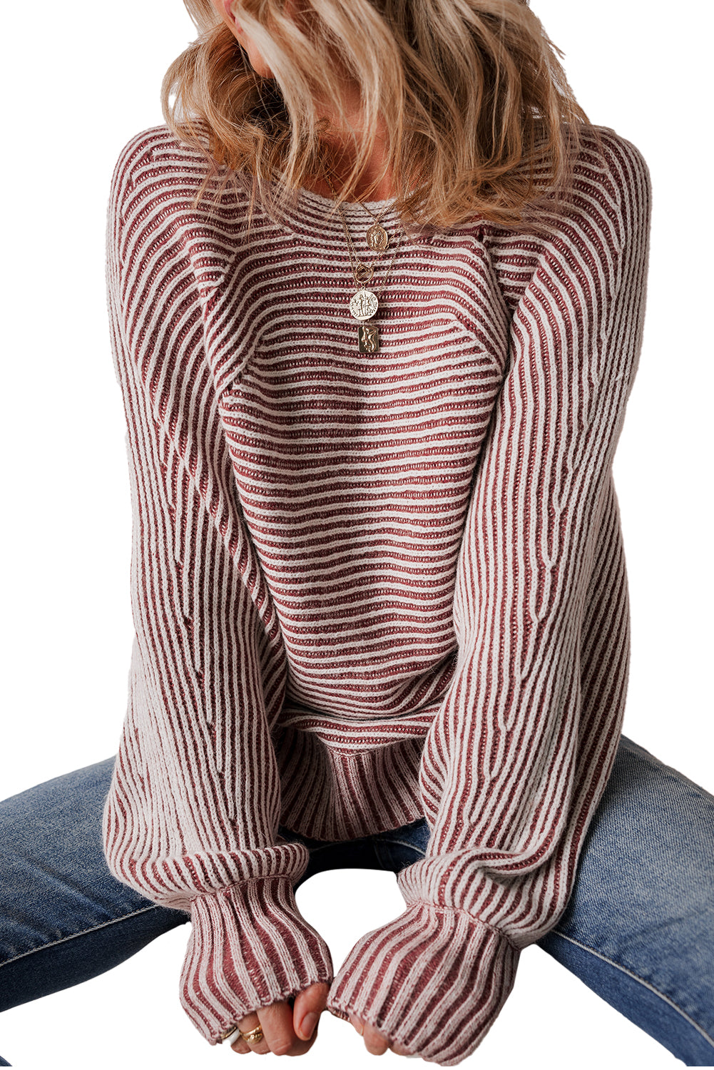 Red Dahlia Striped Print Ribbed Knit Boat Neck Baggy Sweater