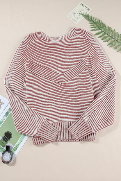 Red Dahlia Striped Print Ribbed Knit Boat Neck Baggy Sweater