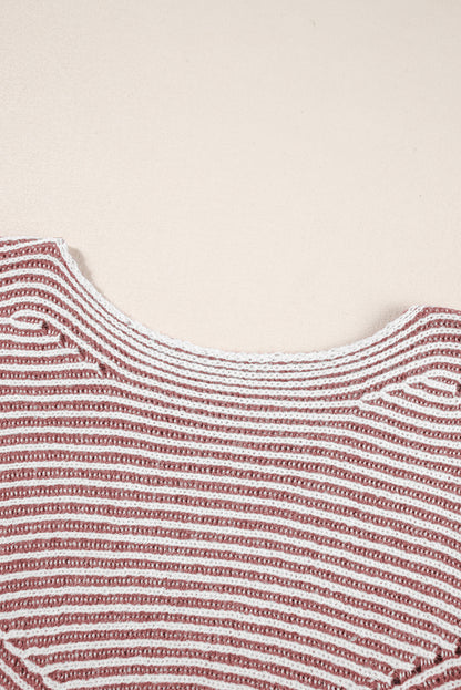 Red Dahlia Striped Print Ribbed Knit Boat Neck Baggy Sweater