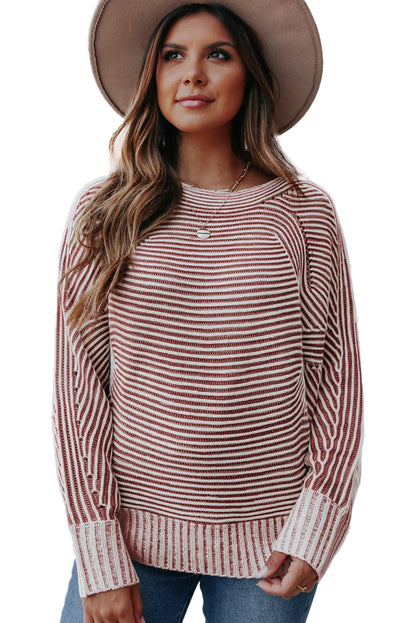 Red Dahlia Striped Print Ribbed Knit Boat Neck Baggy Sweater
