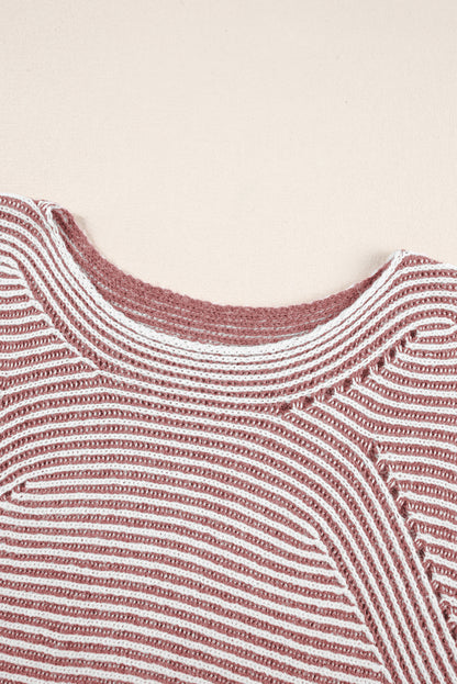 Red Dahlia Striped Print Ribbed Knit Boat Neck Baggy Sweater