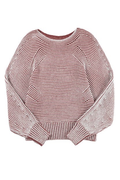Red Dahlia Striped Print Ribbed Knit Boat Neck Baggy Sweater