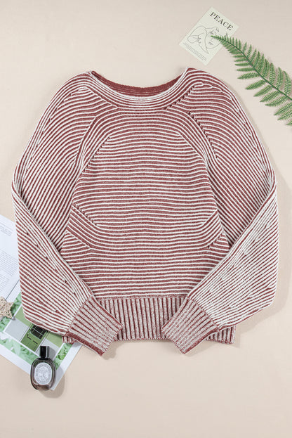 Red Dahlia Striped Print Ribbed Knit Boat Neck Baggy Sweater