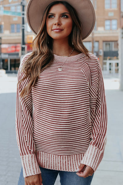 Red Dahlia Striped Print Ribbed Knit Boat Neck Baggy Sweater
